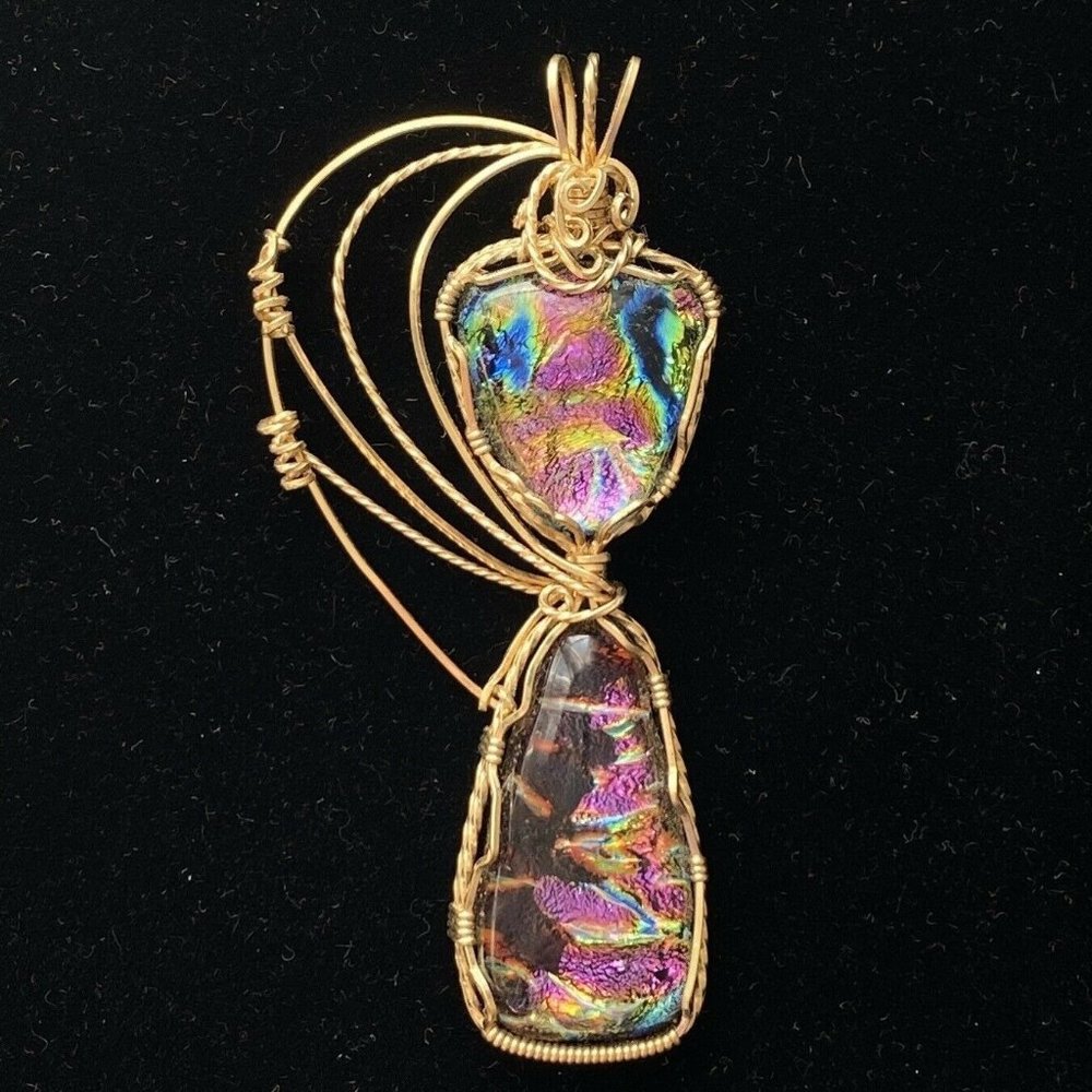 Wrapped Dichroic Glass Cabochons Pendant Purple Blue Green Gold Filled Wire 3”
